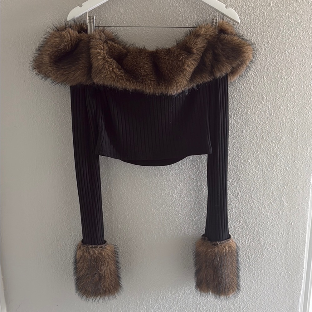 Black Off-Shoulder Top with Brown Faux Fur Trim